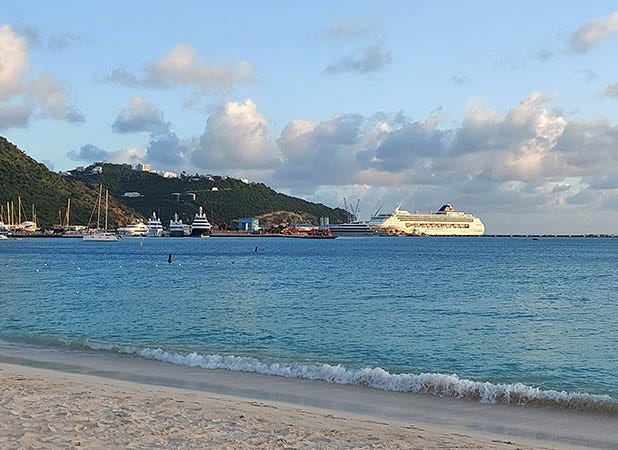Daytime Cruise ship at the beach on Sint Maarten, Caribbean