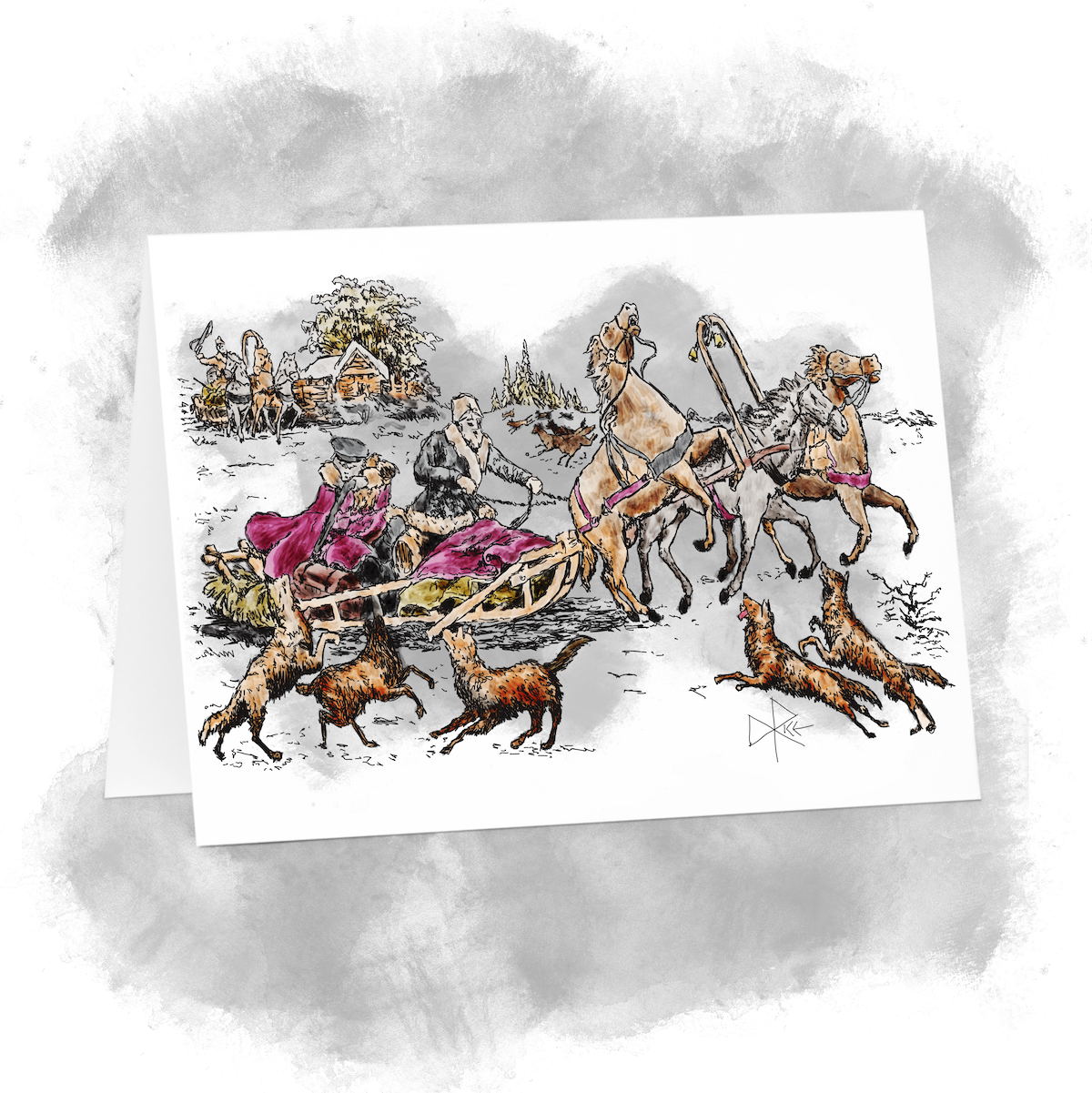 In winter, a pack of wolves surround a horse-drawn courier sleigh. The humans and horses fight back. Sketch art by Don Rice.