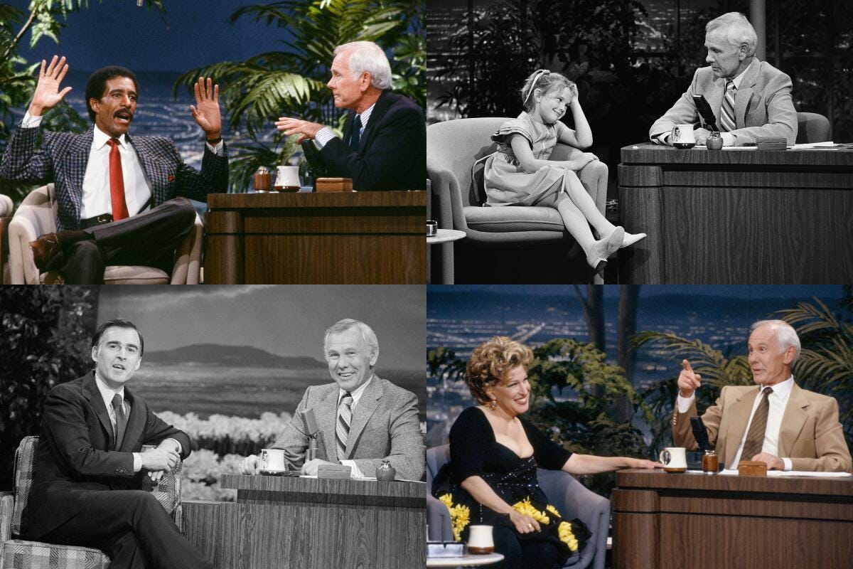 grid of 4 photos of Johnny Carson with guests on the Tonight Show