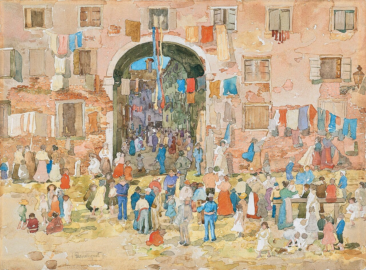 Crowds along a canal under flags, painted in bright dabs Crowds along a canal under flags, painted in bright dabs