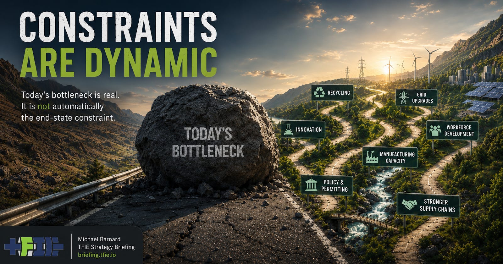 Hero graphic showing a blocked mountain road labeled as today’s bottleneck, with multiple routes opening through a clean-energy landscape of grids, solar, wind, recycling, manufacturing, and workforce development. Hero graphic showing a blocked mountain road labeled as today’s bottleneck, with multiple routes opening through a clean-energy landscape of grids, solar, wind, recycling, manufacturing, and workforce development.