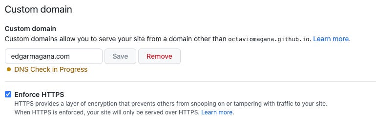 Example of how you can enforce HTTPS on your GitHub Pages using your custom domain
