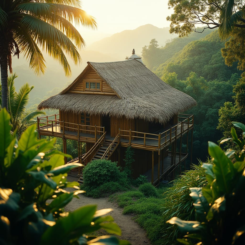 Majestic bamboo home nestled in lush Jamaican hills, warm golden light casting long shadows across the thatched roof,