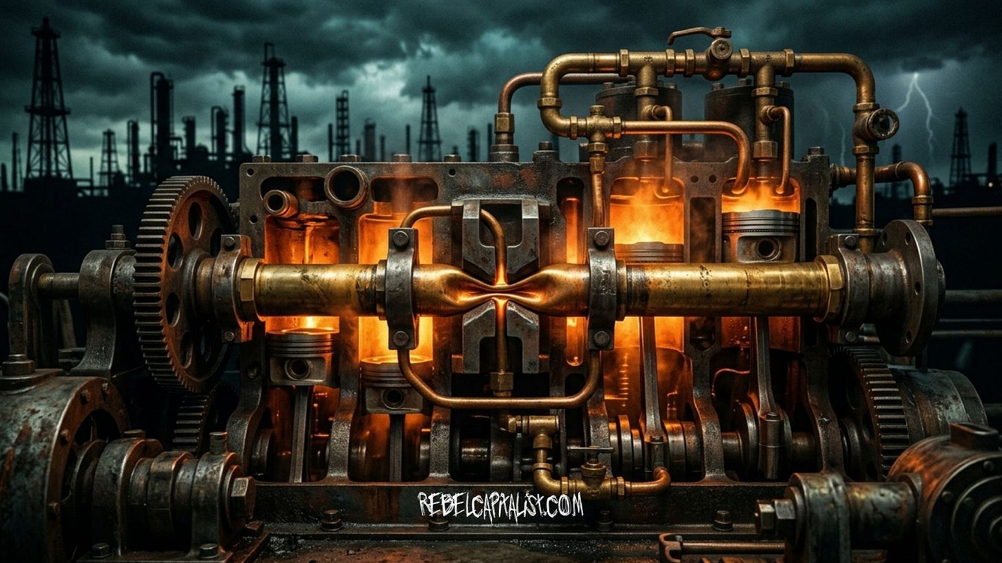 Industrial steampunk engine with glowing pistons against stormy oil refinery backdrop Industrial steampunk engine with glowing pistons against stormy oil refinery backdrop