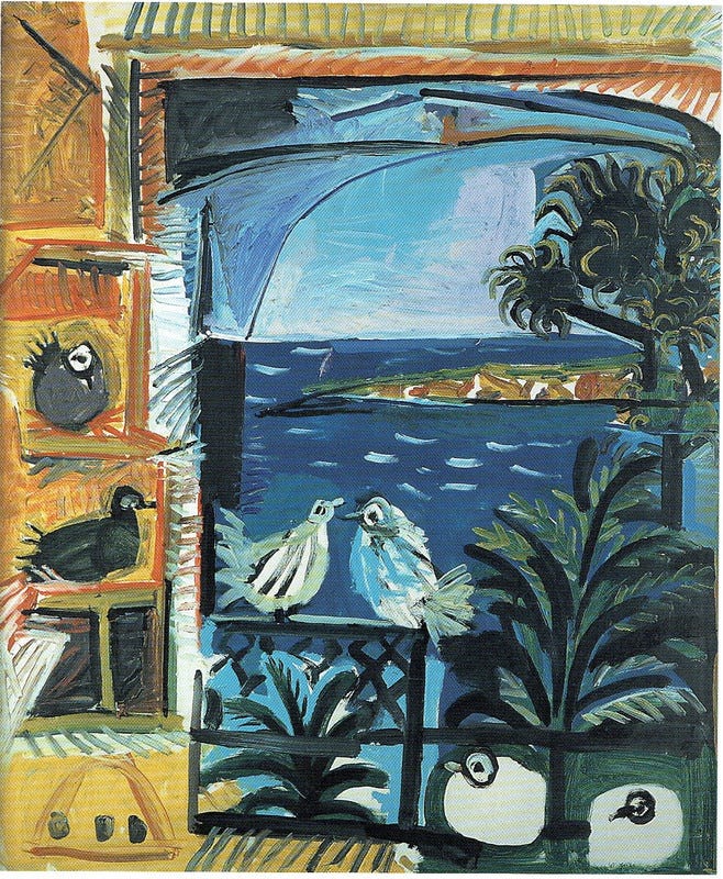 Pablo Picasso painting of a white pigeon beside an open window with a palm tree and blue sky