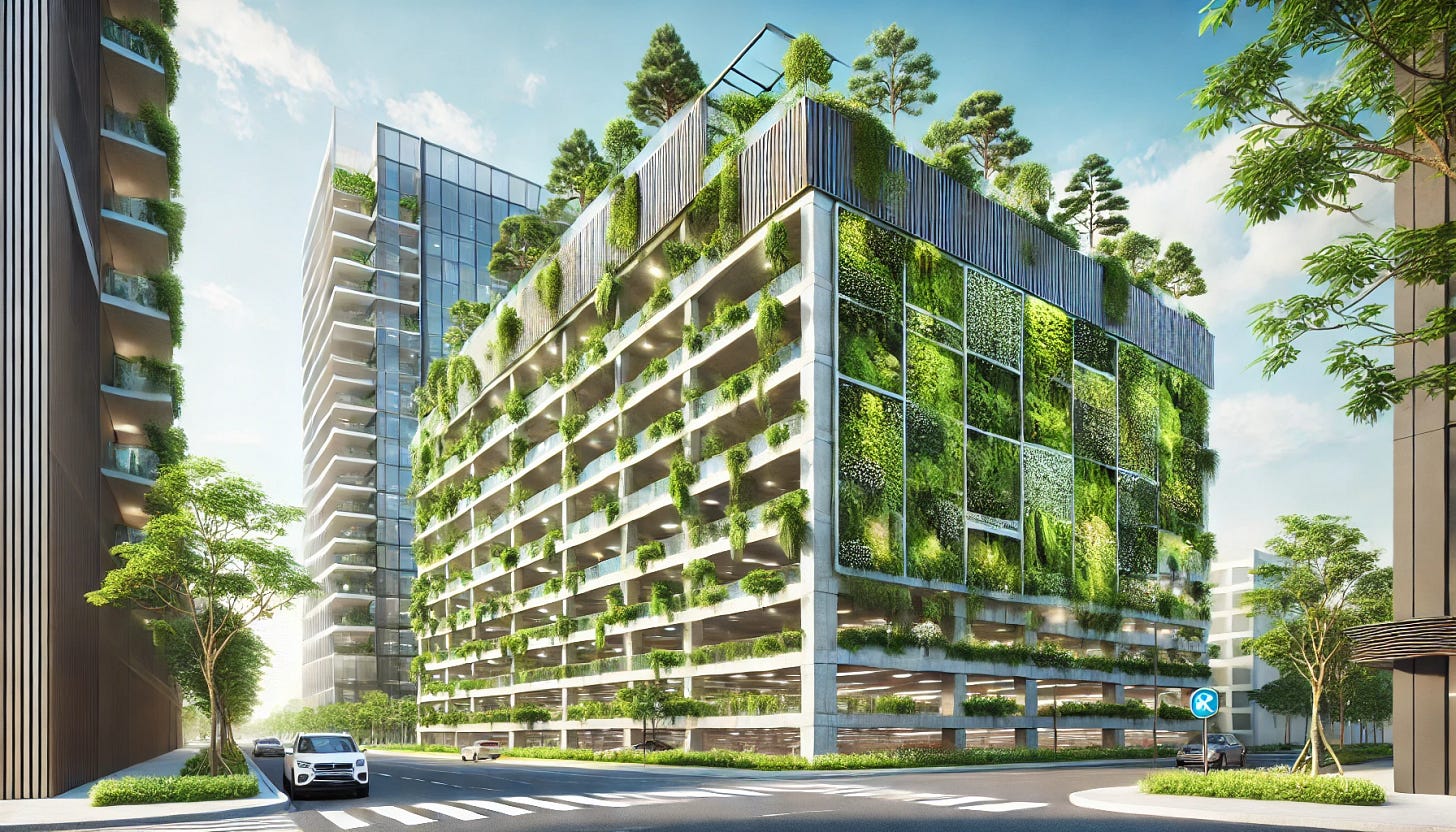 A modern tall parking structure with refined details, showcasing lush hanging gardens, dense vertical greenery walls, and small trees and flowers on balconies. The design emphasizes clean and well-maintained urban greenery seamlessly integrated with sleek concrete and glass architecture. The setting features clear skies, modern city buildings, and pedestrian-friendly sidewalks, with cars visible inside the structure to highlight its functionality. The image is polished, with clear lines and vibrant, natural colors for a visually appealing and clean finish.