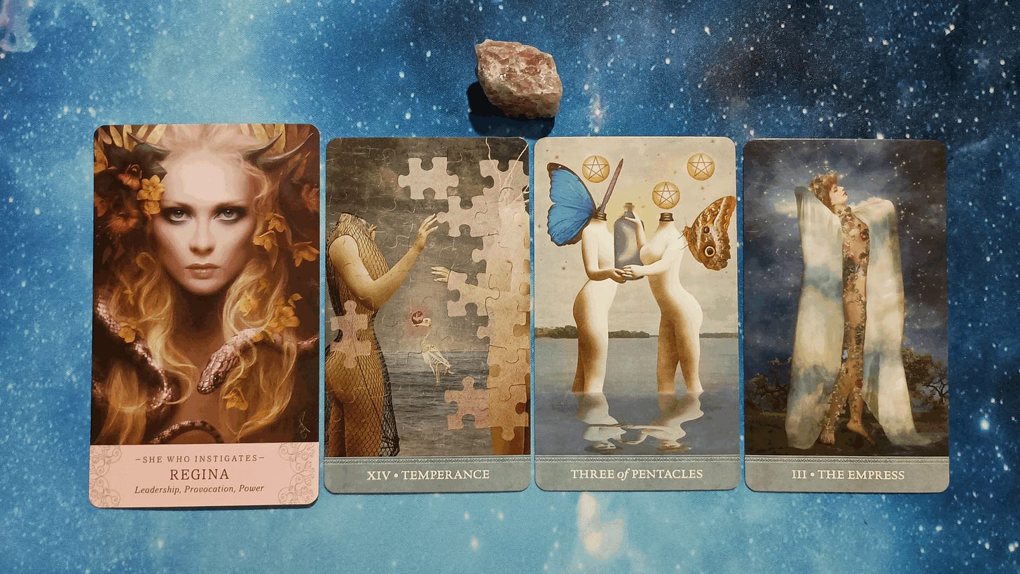 Full Moon Pick-a-Card Tarot Reading for June 2025, Pile 1, Strawberry Quartz crystal, and 4 cards, face up