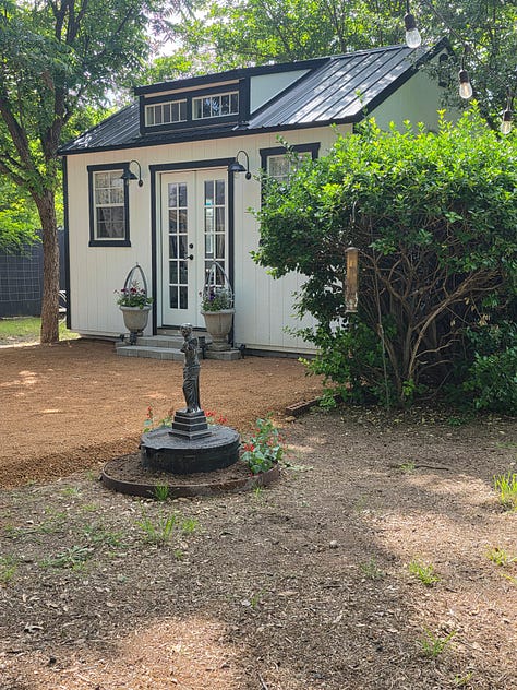Pictures of a shed in the backyard, a ribbon cutting event. 