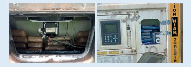 Des paquets de cocaïne empilés dans le double-fond technique d'un conteneur