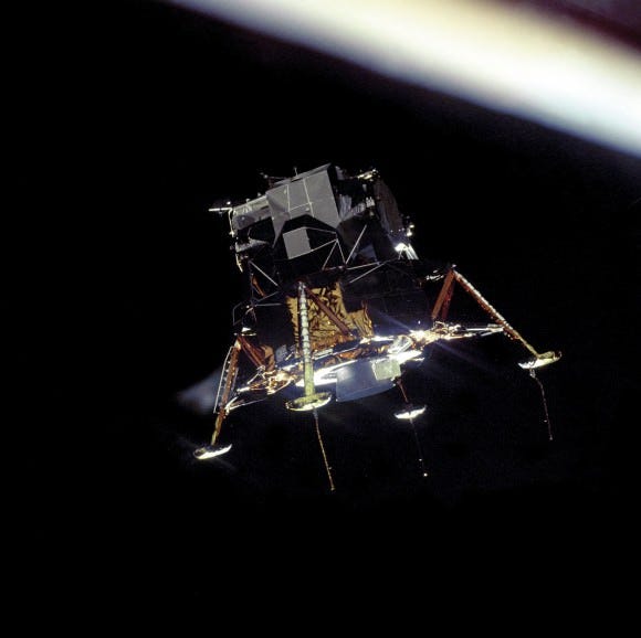 Apollo 11's Eagle spacecraft, as seen from fellow spaceship Columbia. Credit: NASA Apollo 11's Eagle spacecraft, as seen from fellow spaceship Columbia. Credit: NASA