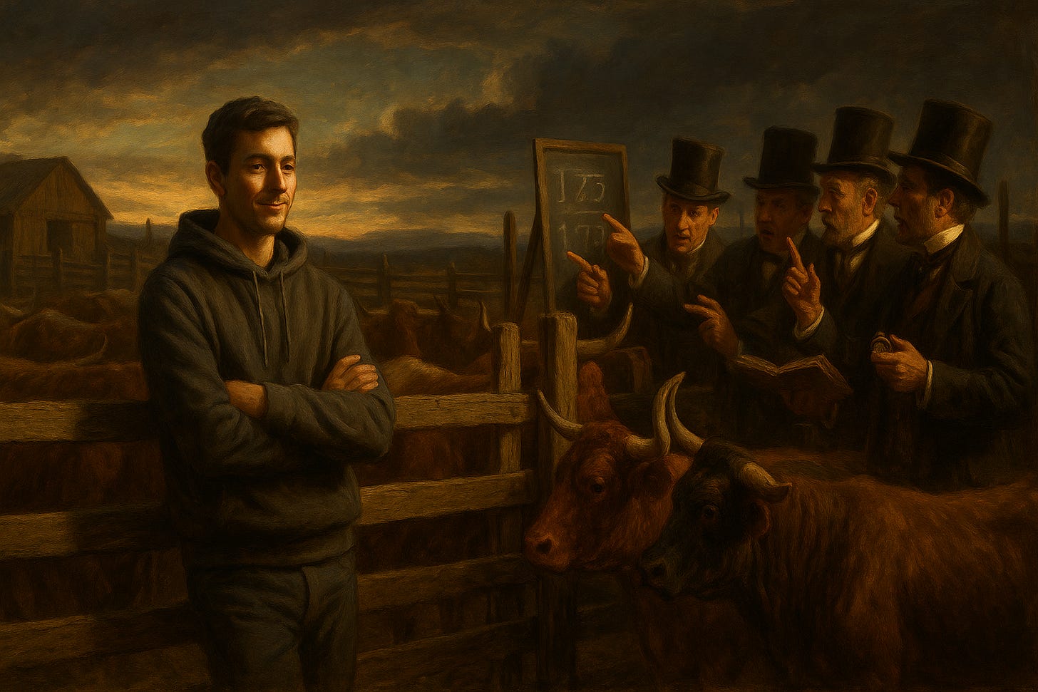 A young hoodie trader leans calmly on a cattle pen of bulls at dusk while 19th-century gentlemen in top hats argue about the price — oil painting. A young hoodie trader leans calmly on a cattle pen of bulls at dusk while 19th-century gentlemen in top hats argue about the price — oil painting.