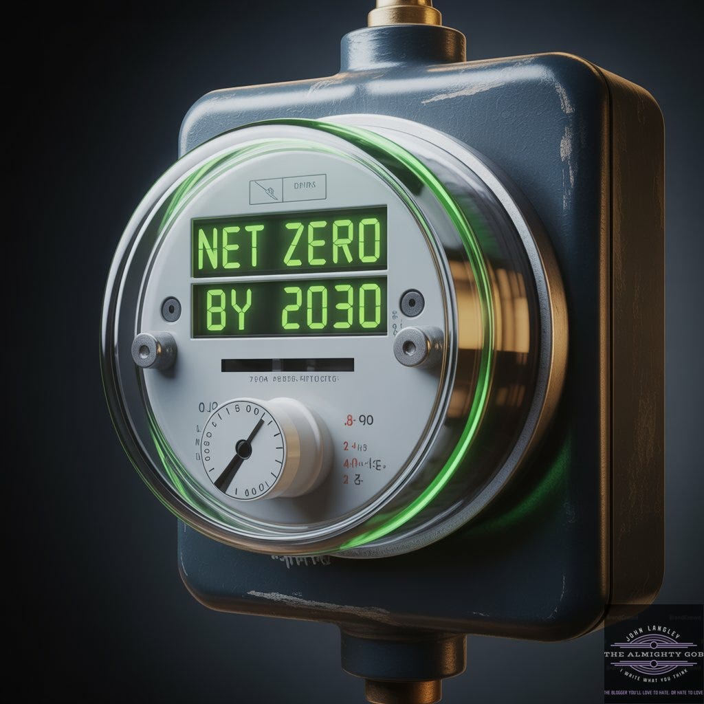An electricity meter with a glowing green digital display reading NET ZERO BY 2030, dark cinematic background, dramatic green light around the dial — image by The Almighty Gob