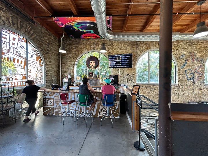 kegs, chairs, taproom