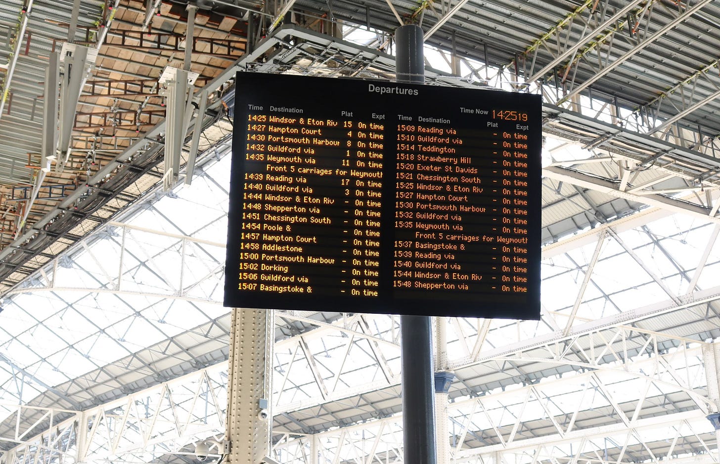 Photo of a departures screen at Waterloo station. Photo of a departures screen at Waterloo station.