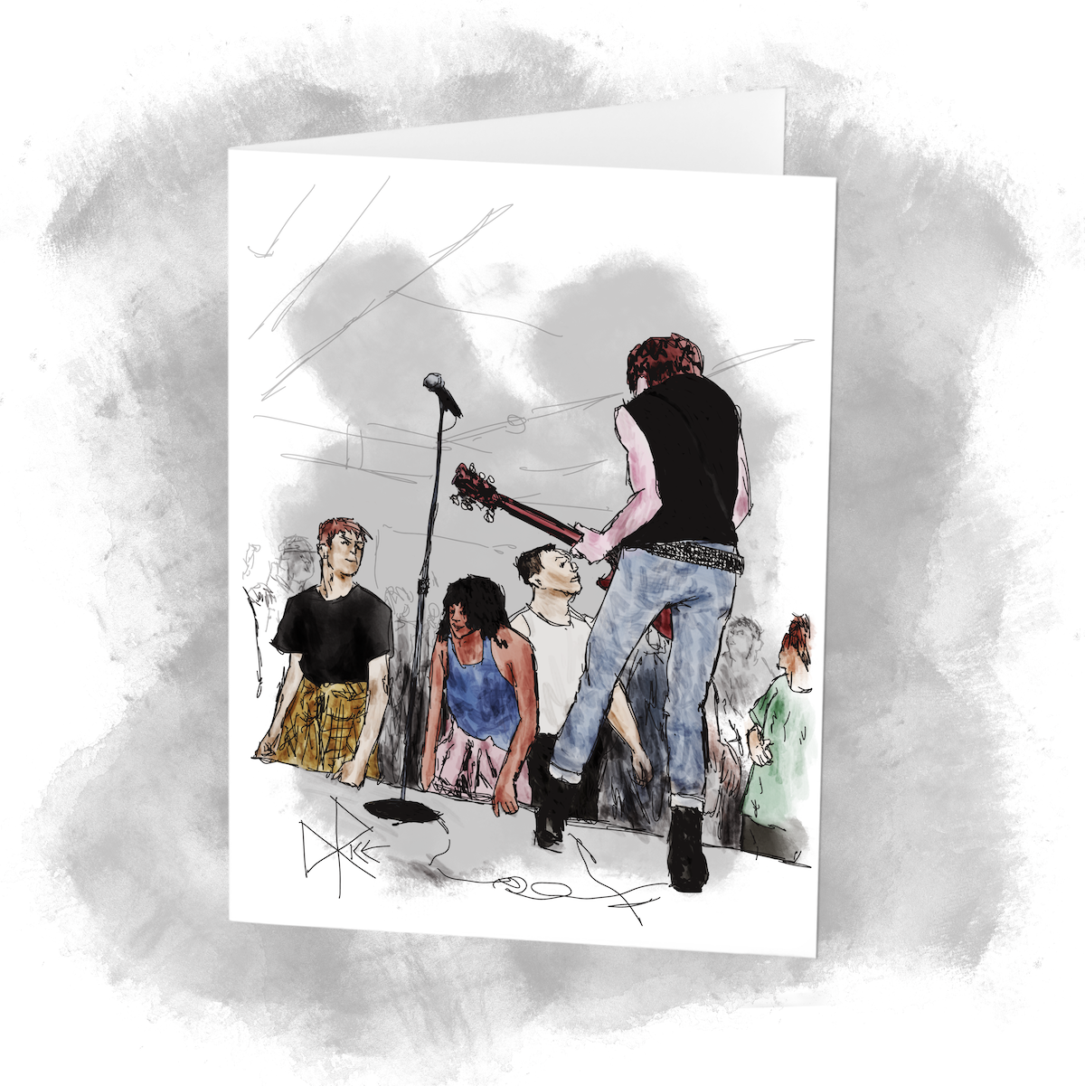 Posterior view of a guitarist near the front edge of a low stage in a small venue, as the crowd enjoys the rock show. Sketch art by Don Rice. Posterior view of a guitarist near the front edge of a low stage in a small venue, as the crowd enjoys the rock show. Sketch art by Don Rice.