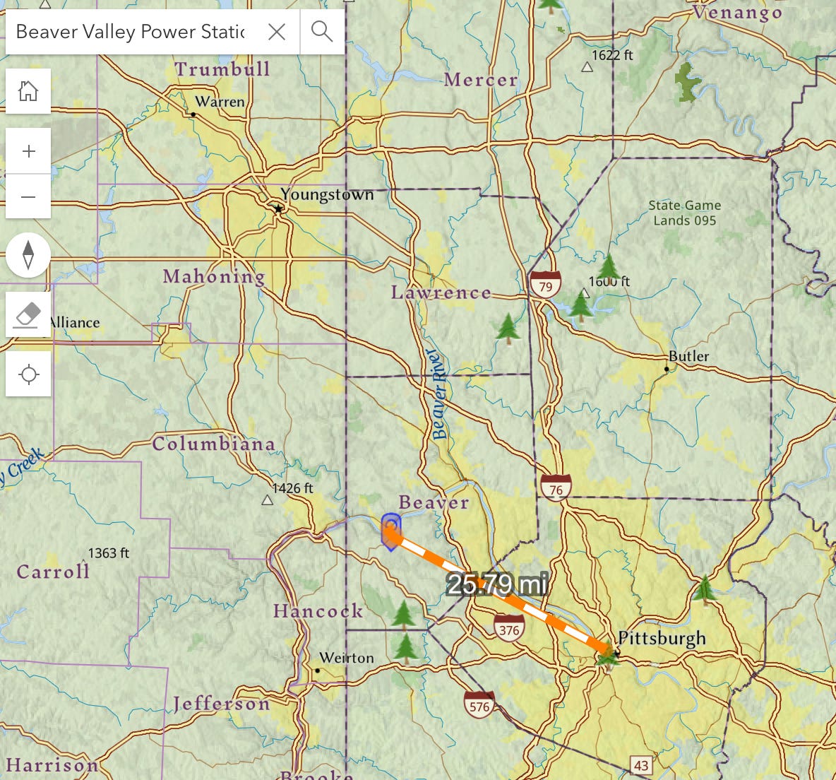 Map image from the PA DCNR PA State Parks, Forests and Geology Interactive Map with a measuring tool showing 25.79 miles from the Beaver Valley Power Station to downtown Pittsburgh, with Butler PA to the north, and Youngstown Ohio to the northwest.