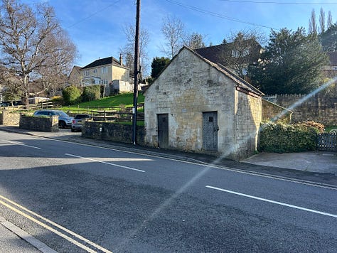 Photos of the lock-up in Bathford and the entrance to Portals Paper Mill.