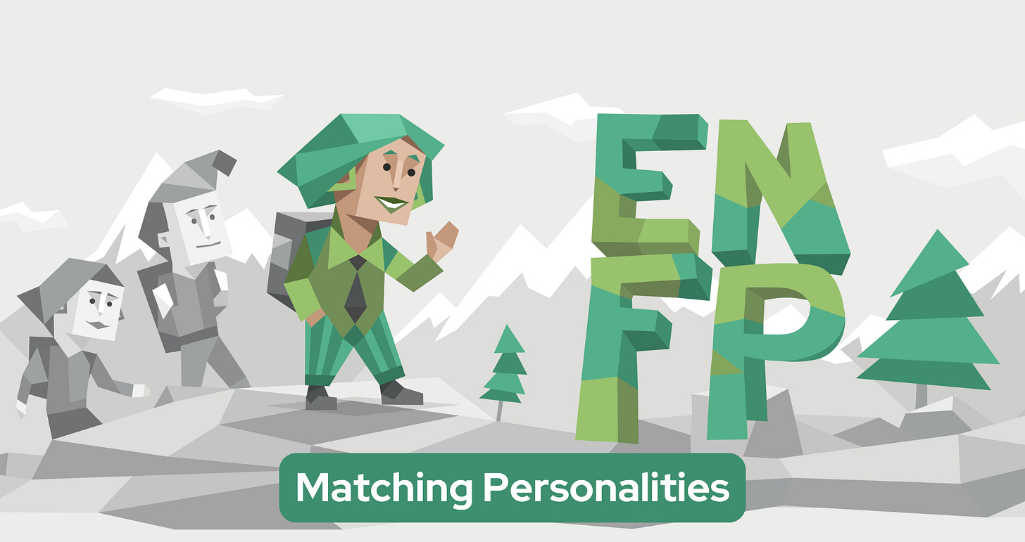 An adventurous ENFP, dressed in green attire, stands confidently in a mountainous landscape. Behind them, stand two other hikers in shades of grey. To the right, in large, prominent green letters, "ENFP" is displayed. The background features snowy peaks, scattered evergreen trees, and a few white clouds against a light grey sky. An adventurous ENFP, dressed in green attire, stands confidently in a mountainous landscape. Behind them, stand two other hikers in shades of grey. To the right, in large, prominent green letters, "ENFP" is displayed. The background features snowy peaks, scattered evergreen trees, and a few white clouds against a light grey sky.