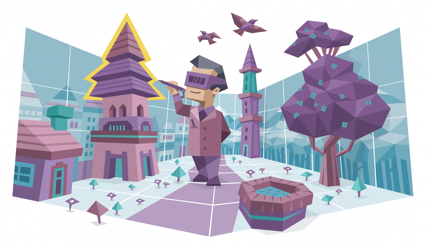 An INTP (Logician) man wearing a virtual reality headset stands in a street surrounded by buildings, a tower, and a large tree, with birds flying overhead. He has outlined the roof of the tower and is working on it. An INTP (Logician) man wearing a virtual reality headset stands in a street surrounded by buildings, a tower, and a large tree, with birds flying overhead. He has outlined the roof of the tower and is working on it.