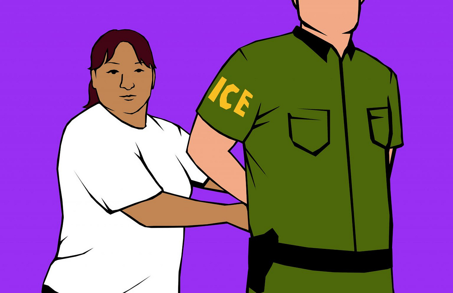 Illustration of a brown person in a white shirt handcuffing an ICE officer in a green uniform with "ICE" in yellow on the sleeve, set against a purple background. The person arresting the officer has long brown hair in a ponytail.