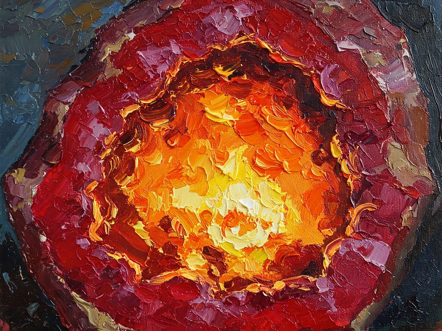 A ruby geode with a fire blazing within. Generated with Google Gemini.