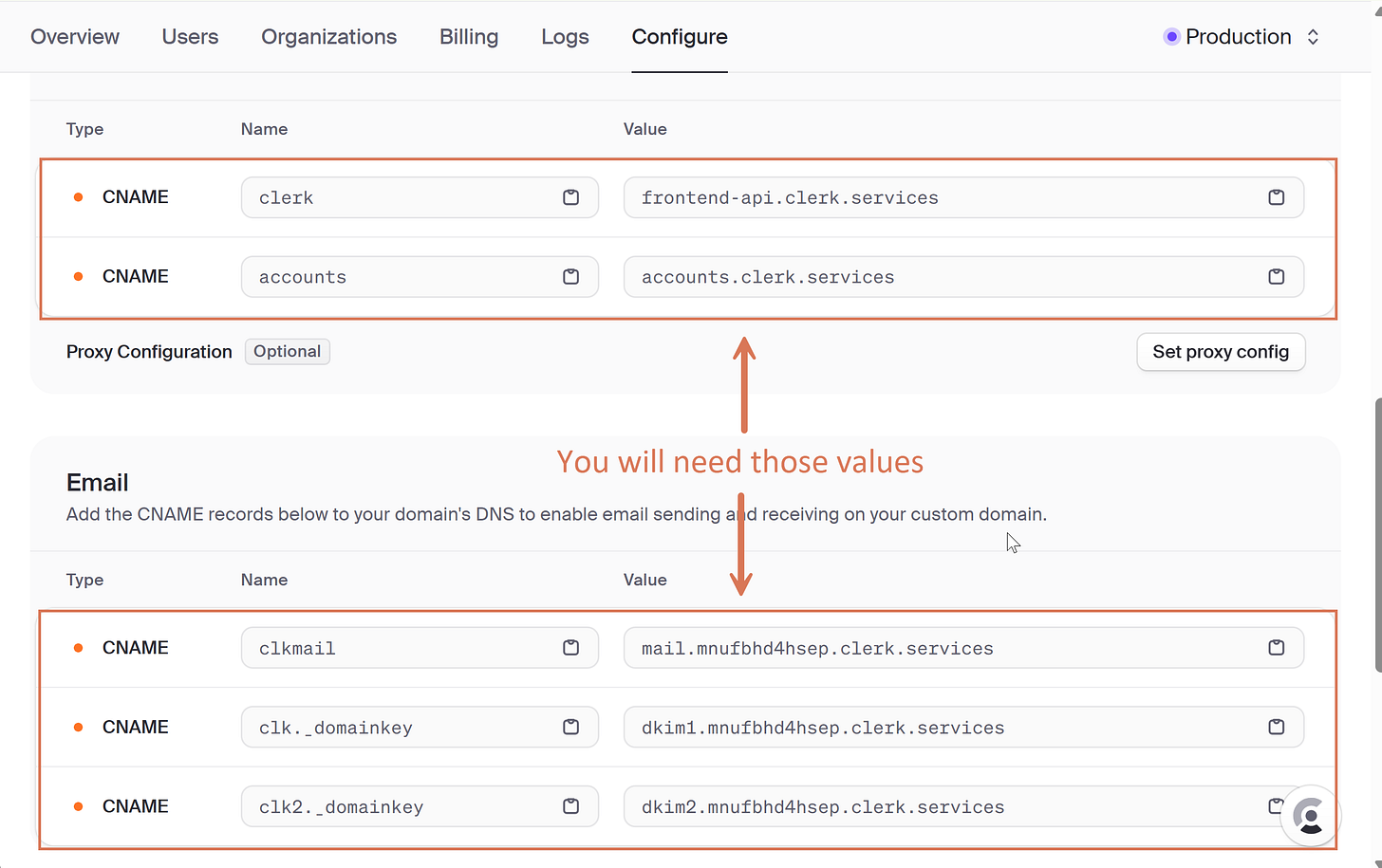 Clerk > Configure > Developers > Domains, the DNS records to add Clerk > Configure > Developers > Domains, the DNS records to add