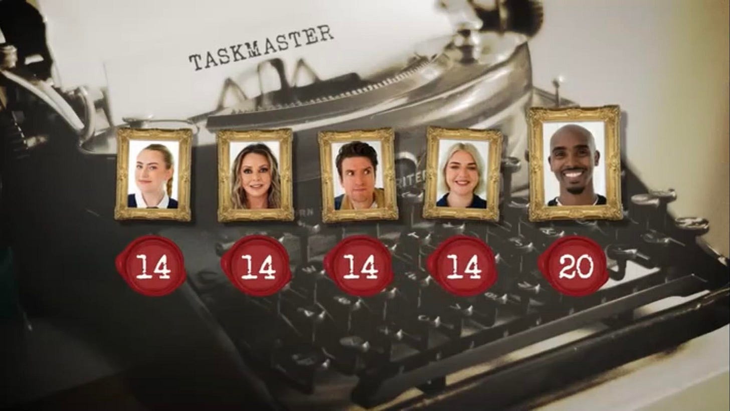 Greg James mentioned on the TM Podcast how Mo Farah kept bending his knees  in the “Get the most carp pellets” task. If Mo was disqualified for this,  then the scoreboard would