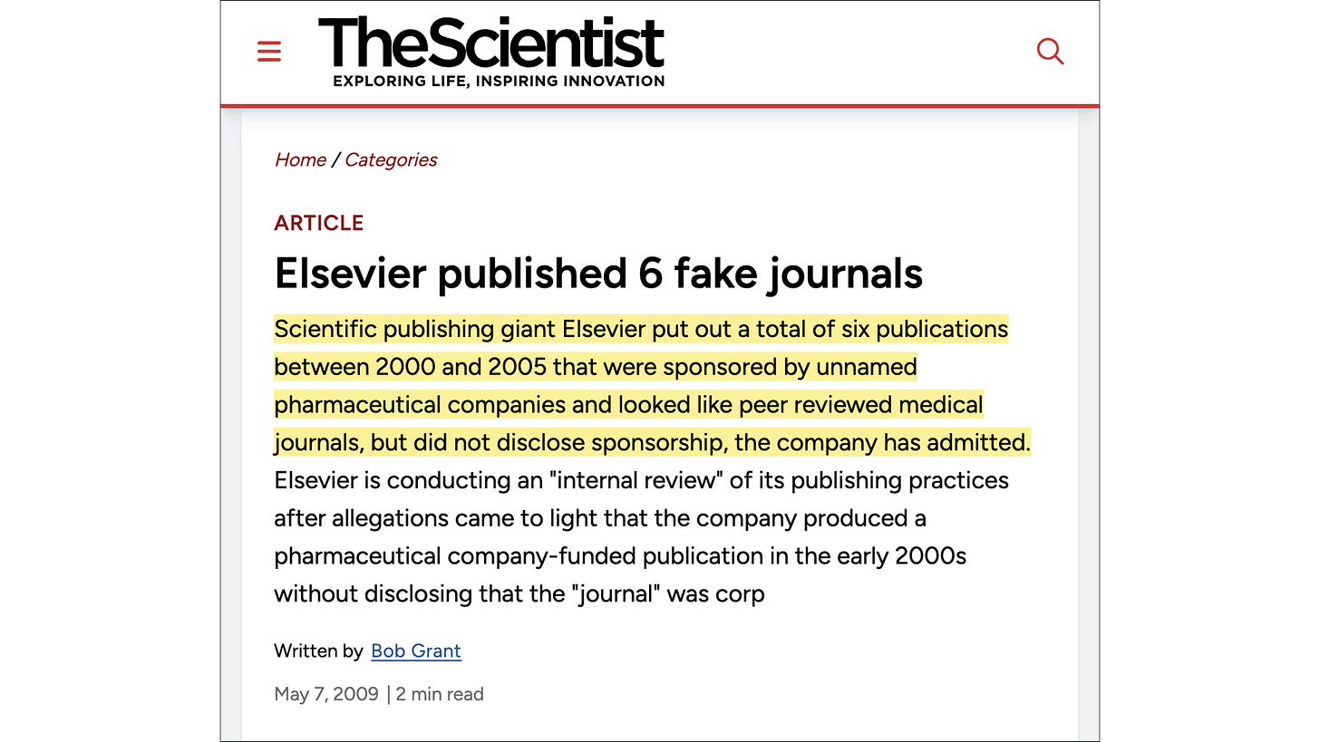 The Scientist, “Elsevier published 6 fake journals” (7 May 2009)