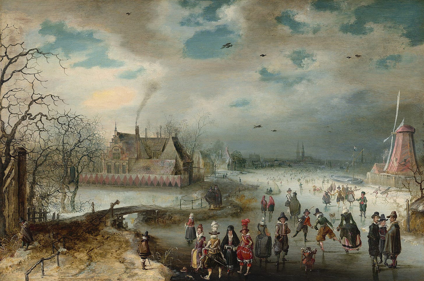 A wide frozen river under a pale sky, crowded with skaters in ruffs and broad hats; a woman in a yellow skirt has her skates tied on the left, a manor house and a pink windmill stand on the banks, and church spires rise on the horizon. A wide frozen river under a pale sky, crowded with skaters in ruffs and broad hats; a woman in a yellow skirt has her skates tied on the left, a manor house and a pink windmill stand on the banks, and church spires rise on the horizon.