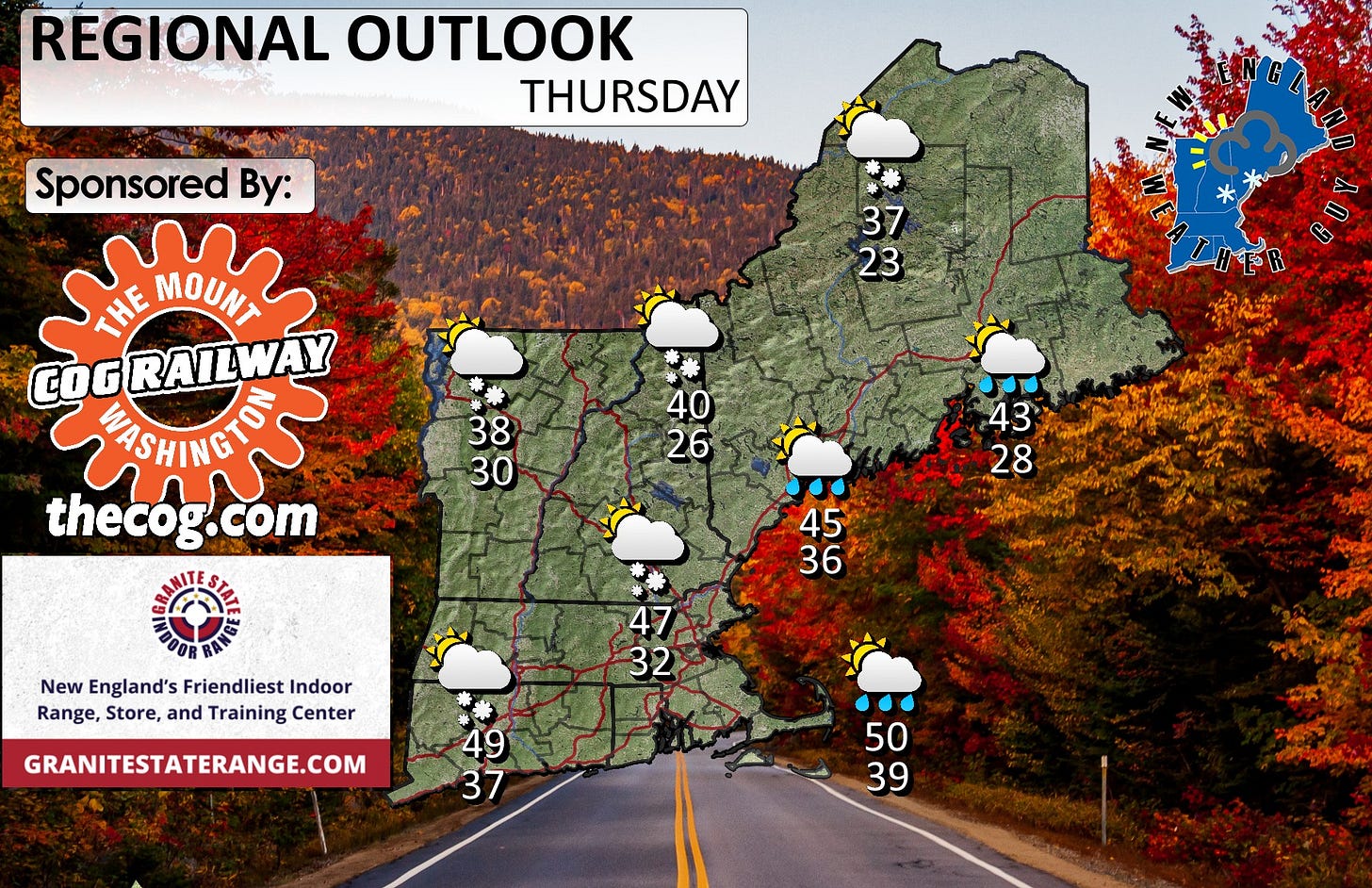 May be an image of map, road and text that says 'REGIONAL OUTLOOK THURSDAY Sponsored By: 37 23 ИE MOUNT COGRATLWAY RAILWAY WASHINGTO thecog.cor com 38 30 40 26 43 28 * 45 36 OOR New wEngland'sFriendliestIndoor England's Friendliest| Indoor Range, Store, and Training Center 47 32 GRANITESTATERANGE.COM 49 37 50 39 강가볶이'