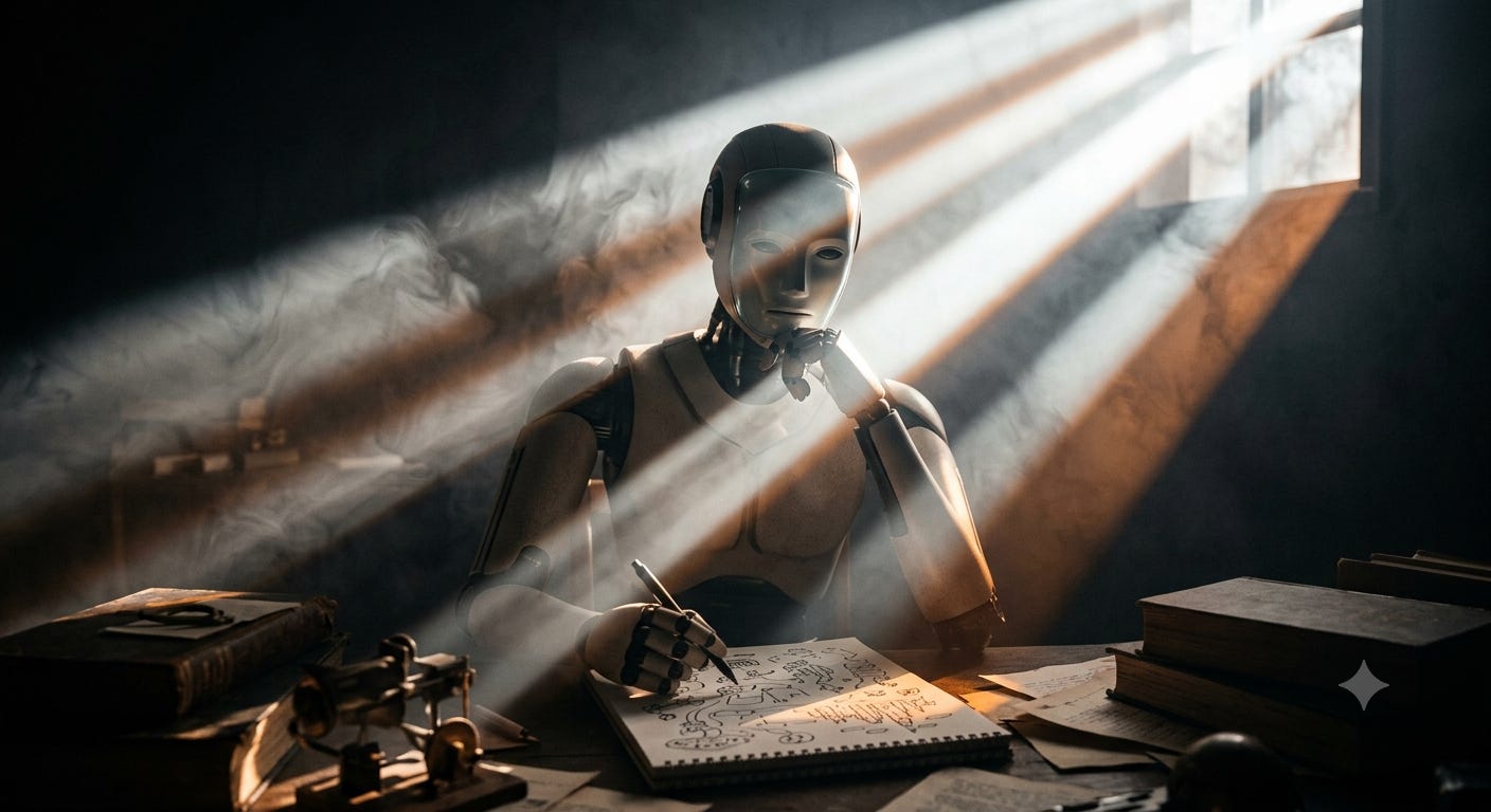 Robot doodling at desk in dark room with strong light beams shining on it through a window Robot doodling at desk in dark room with strong light beams shining on it through a window