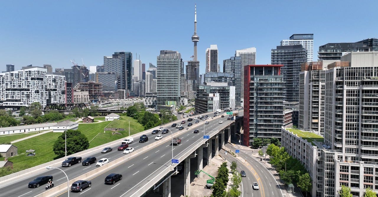 An aerial view of a portion of the Gardiner Expressway in downtown Toronto.