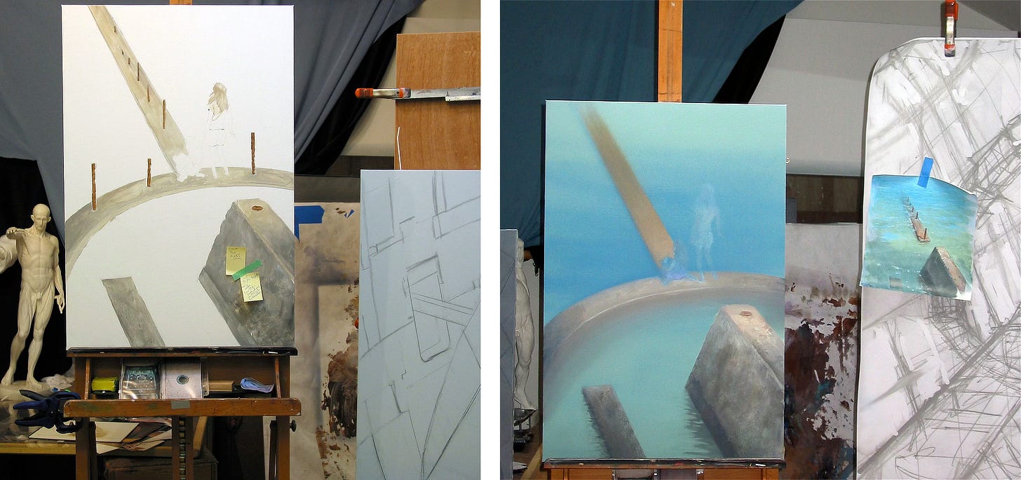 Two photos of the painting in progress set side-by-side.   LEFT: An anatomical model sits on a table to the left of the easel. The concrete platform of SEAWALL is painted in but the water hasn't been rendered. A pair of Post-it nots are taped in the lower right over one of the concrete structures. The charcoal sketch on canvas for LUMEN 9 can be seen partially cropped in the foreground right.   RIGHT: The water of SEAWALL is rendered in blue past the curving breakwater and a more placid green in the foreground. The two children are ghostly having been painted over. A small color sketch is taped over the charcoal sketch of LUMEN 9 on the adjacent easel.