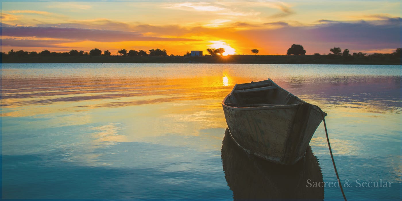 A small wooden boat floating on calm water at sunrise, with golden light reflecting across the lake and a dark silhouette of the shoreline in the distance. The peaceful scene evokes the Sea of Galilee and the biblical story of Jesus walking on water. A small wooden boat floating on calm water at sunrise, with golden light reflecting across the lake and a dark silhouette of the shoreline in the distance. The peaceful scene evokes the Sea of Galilee and the biblical story of Jesus walking on water.