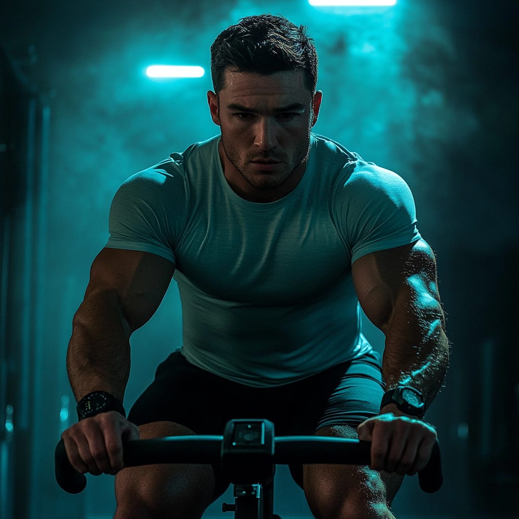 Fit, muscular man doing cardio on an exercise bike wearing a light blue t-shirt and black shorts in a dark gym. Fit, muscular man doing cardio on an exercise bike wearing a light blue t-shirt and black shorts in a dark gym.