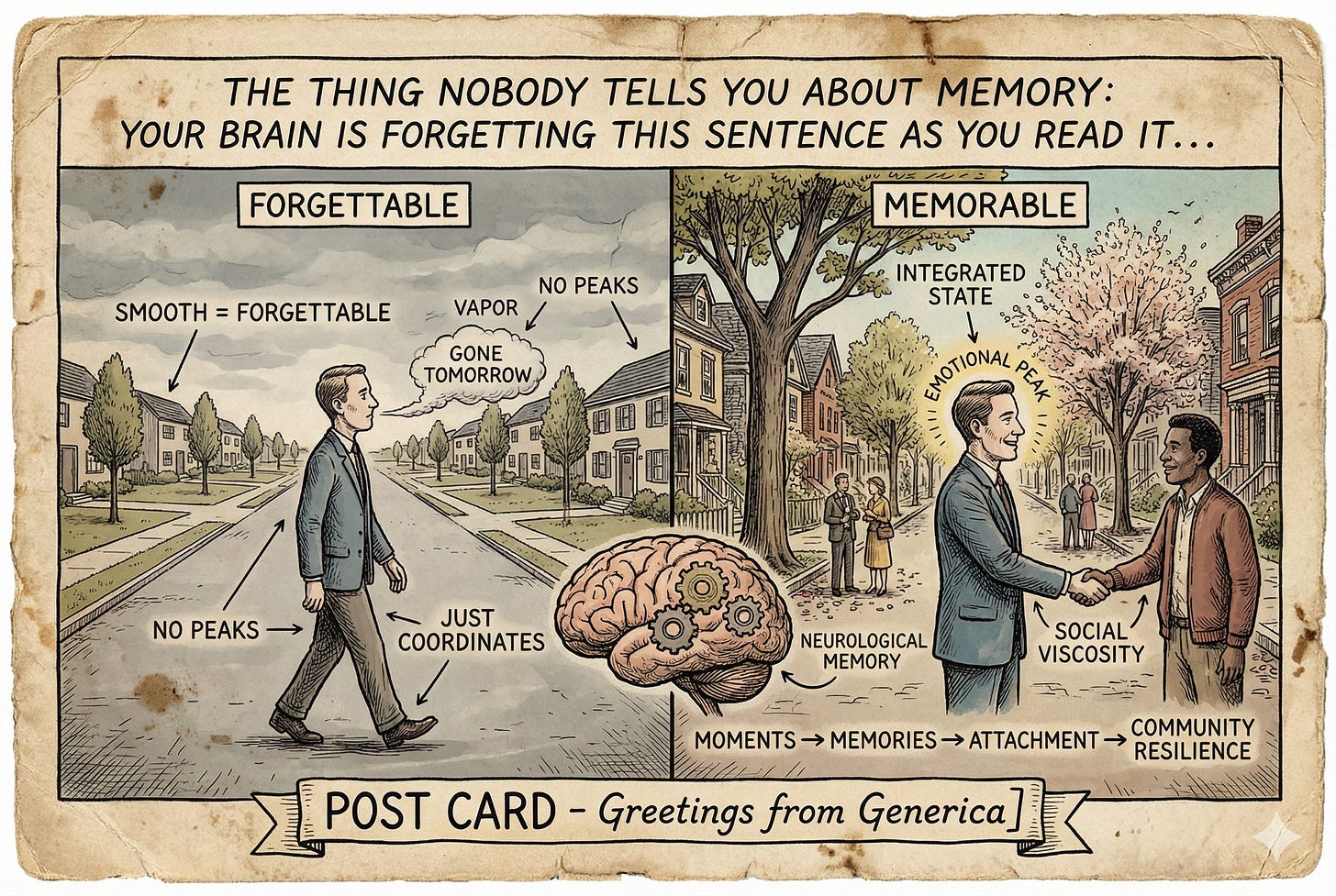 Cartoon Post Card memory forgettable memorable llustrating urban planning, mixed-use zoning, and the capital flows that determine how our cities are built. By Jeff Kerr (Escaping Generica).