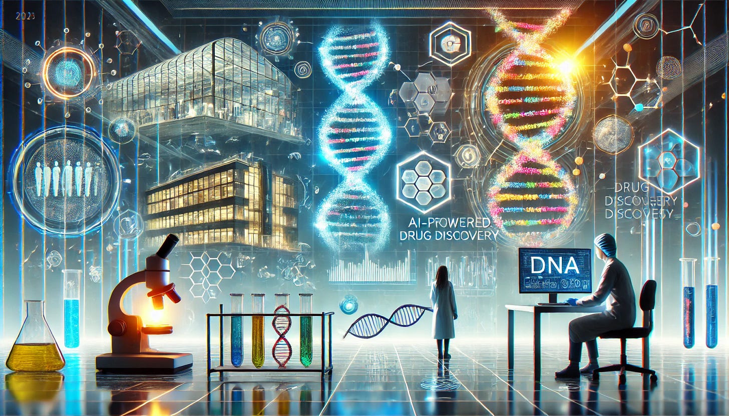 A visually stunning horizontal illustration capturing the essence of biotech innovation in 2025. The image includes futuristic laboratory equipment, a scientist working with advanced gene-editing technology, and AI-powered drug discovery tools represented as glowing holographic screens. In the background, a sleek medical facility and a DNA double helix glowing in vibrant colors symbolize progress. The overall style is modern and futuristic, with a clean and professional aesthetic.