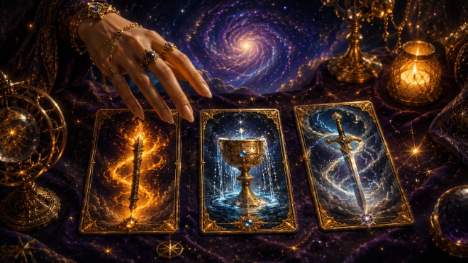 A hand reaching over three glowing tarot cards laid out on a dark cosmic surface.