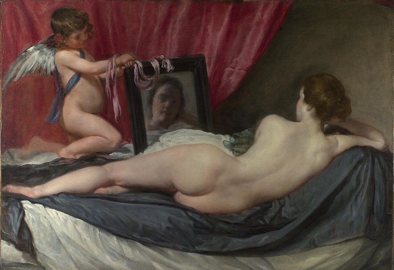 Velazquez's Rokeby Venus, seen from behind, studying her face in a mirror held by Cupid Velazquez's Rokeby Venus, seen from behind, studying her face in a mirror held by Cupid