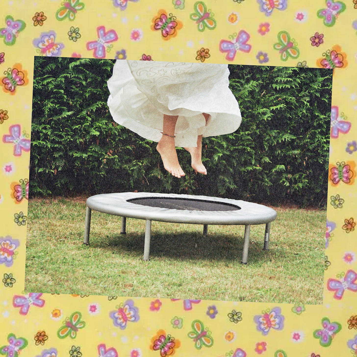 A person in a white dress mid-jump above a small backyard trampoline, framed by a yellow butterfly-print background.
