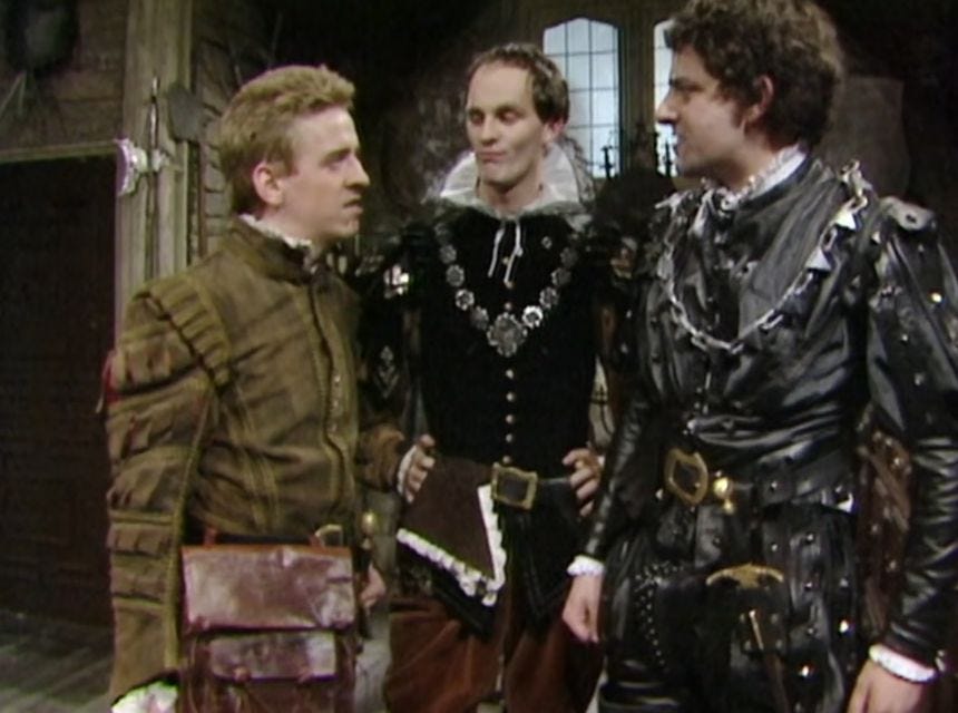 Rowan Atkinson, Philip Fox, and Tim McInnerny in Blackadder (1982)