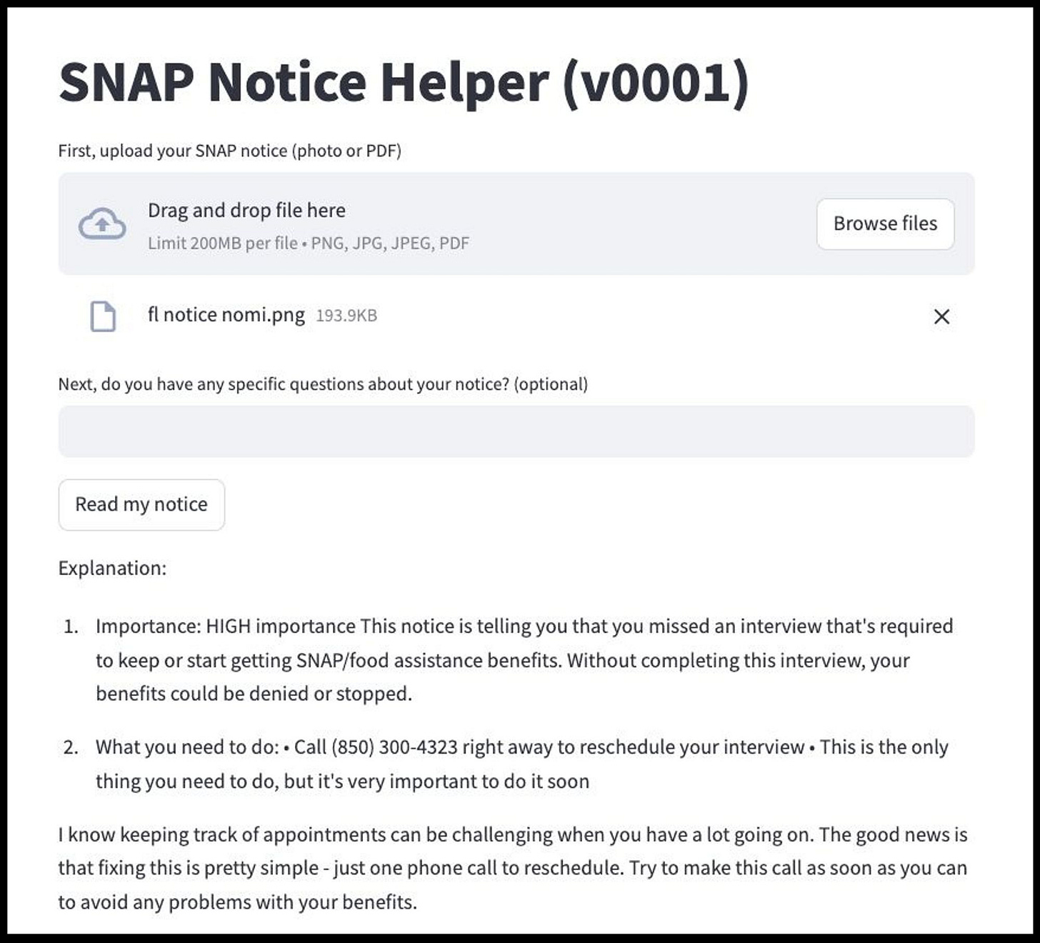 A screenshot of a SNAP Notice Helper tool 