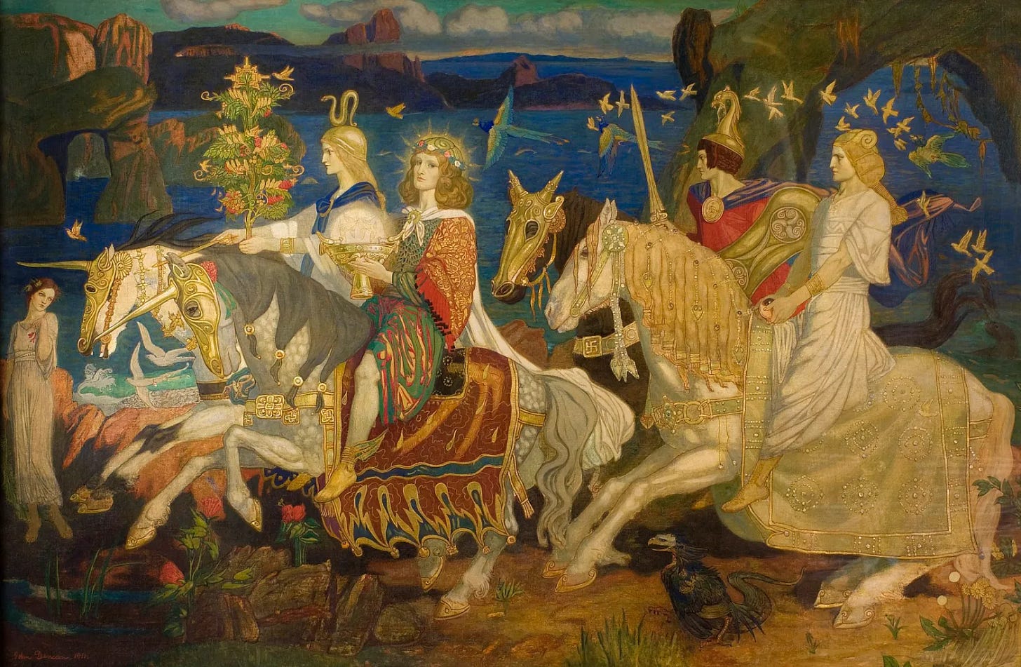 Image: “The Riders of the Sidhe,” 1911 by Scottish artist John Duncan, depicting the Tuatha Dé Danann as kings, queens, and warriors riding in procession. “The Riders of the Sidhe” is an example of the Celtic Revival and is currently housed at the McManus Galleries in Dundee, Scotland.