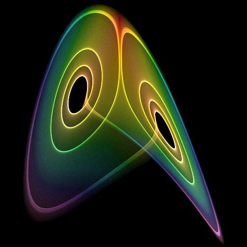 A visualization of the Lorenz attractor near an intermittent cycle. A visualization of the Lorenz attractor near an intermittent cycle.