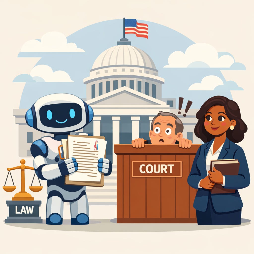 cartoon illustration of a friendly robot holding legal documents in front of a government building, with scales of justice and a surprised official nearby. cartoon illustration of a friendly robot holding legal documents in front of a government building, with scales of justice and a surprised official nearby.