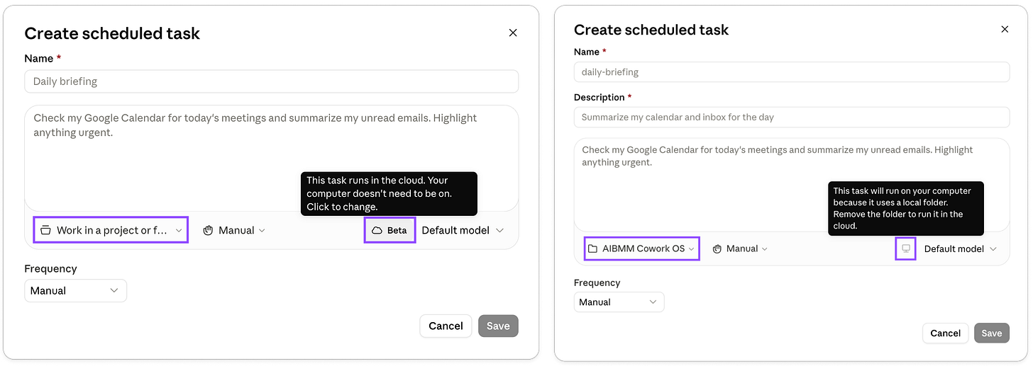 Claude Create scheduled task form showing the Work in a project or folder setting. Leaving the folder empty runs the task in the cloud with a cloud icon, while selecting a local folder switches it to run on the computer with a desktop icon.