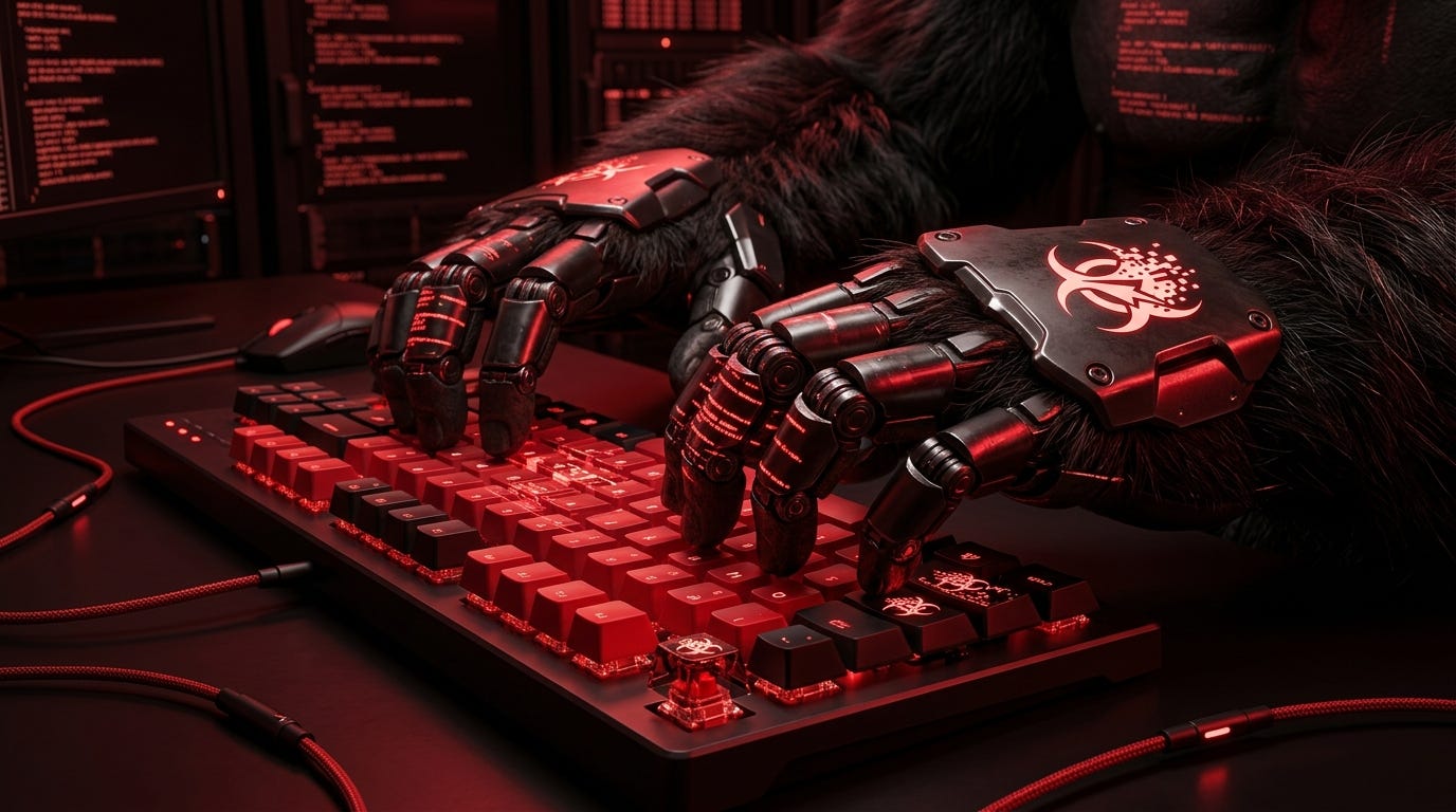  A hyper-realistic close-up of a cybernetic gorilla's hands typing on a glowing mechanical keyboard. The room is dark, illuminated only by red glowing lines of code reflecting off the gorilla's fur and metallic knuckles. Cinematic lighting, 8k resolution, Red/Black/White color palette.]