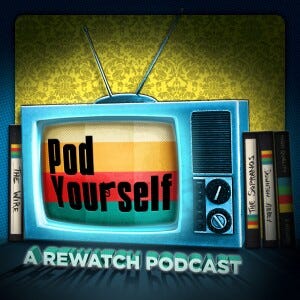 picture of an older tv set with the words Pod Yourself a Gun, with dvds leaning against it. 