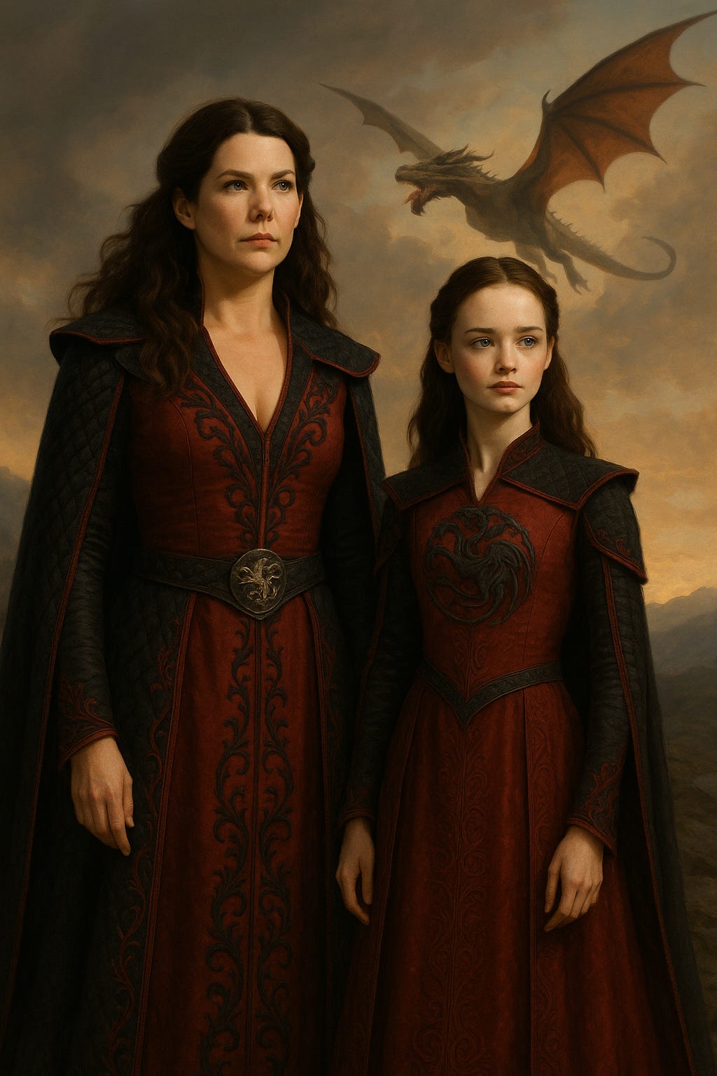 AI-Generated Fan Art Crossover of Lorelai Gilmore and Rory Gilmore as Targaryens of Westeros in Game of Thrones with a dragon in the skies above them | rmrk*st | Remarkist Magazine