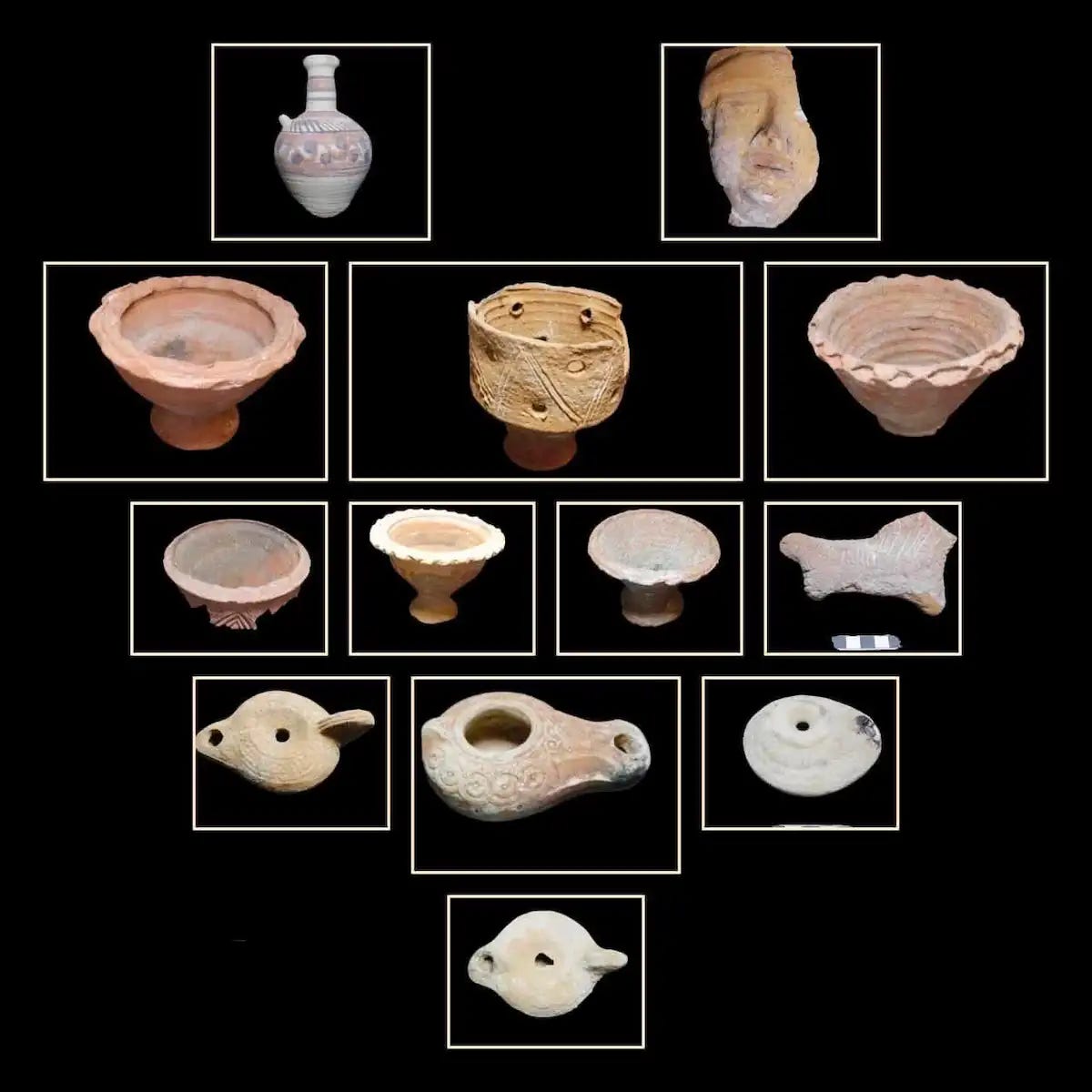 Selection of artifacts uncovered during the excavations, including pottery vessels, oil lamps, and a terracotta figurine. Credit: Ministry of Tourism and Antiquities
